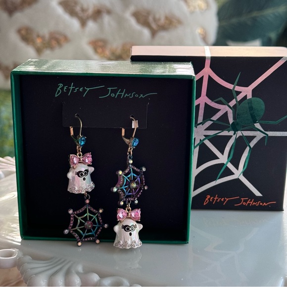 NIB Betsey Johnson Rhinestone Halloween Ghost Spiderweb Earrings - Picture 2 of 6